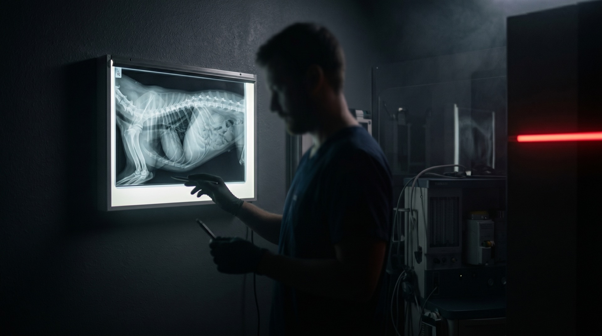 A veterinarian reading a dog's chest radiograph on a backlit viewer in a dim clinic